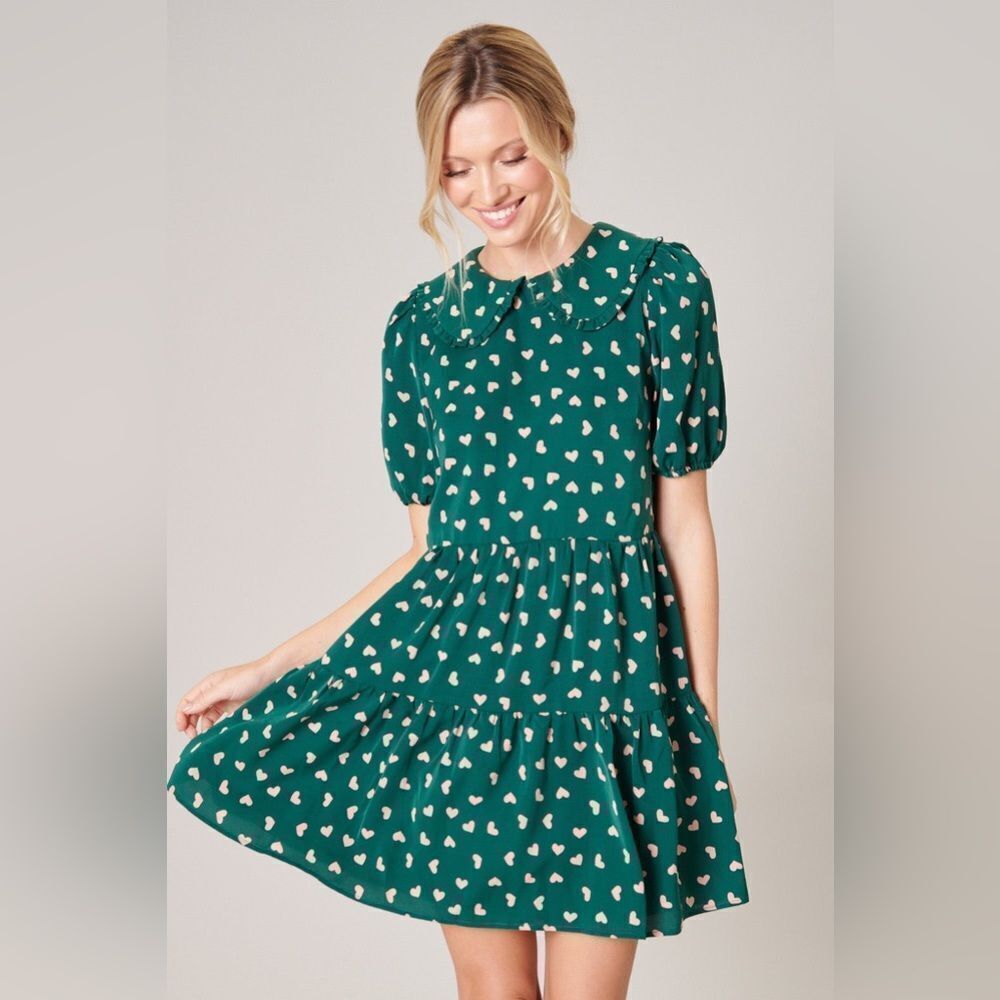 Sugarlips Green Mini Dress with Cream Heart Print